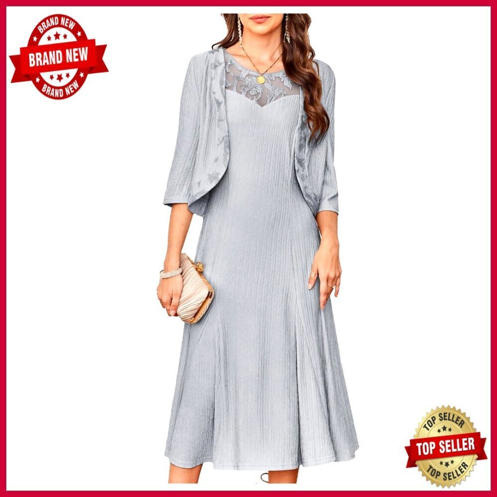 Lace Sequin Midi Dress with Jacket Elegant Formal Evening Wedding Cocktail